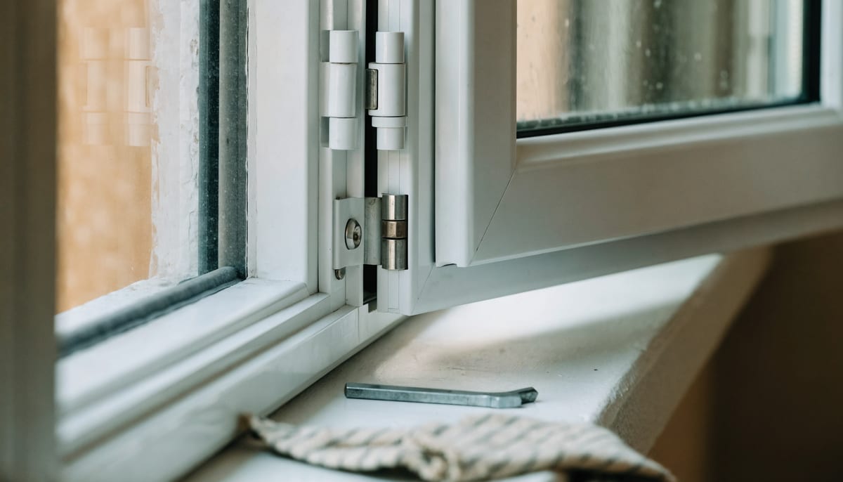 Nahaufnahme des Beschlags und der Dichtung an einem geöffneten Fensterflügel